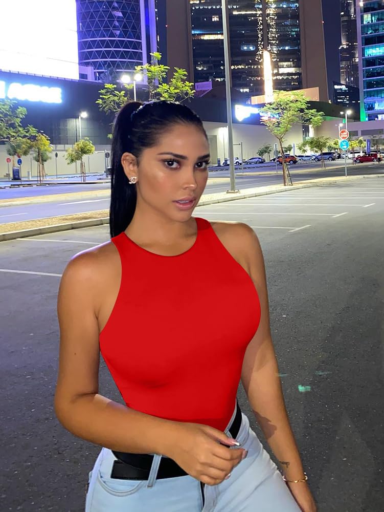 LCNBA Women's Sexy High Neck Sleeveless Bodysuit Basic Top Bodysuit Jumpsuit Red XL - Image 5